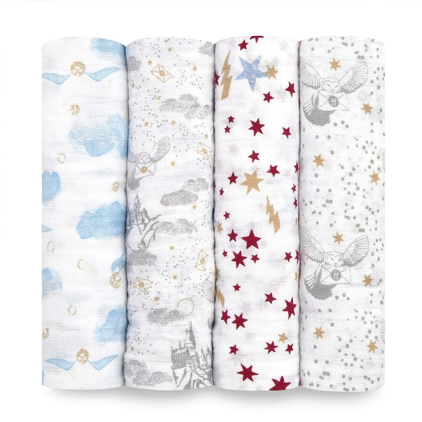 Four rolled aden + anais Harry Potter™ muslin swaddles featuring themed prints with clouds, owls, stars and Hogwarts™ illustrations.