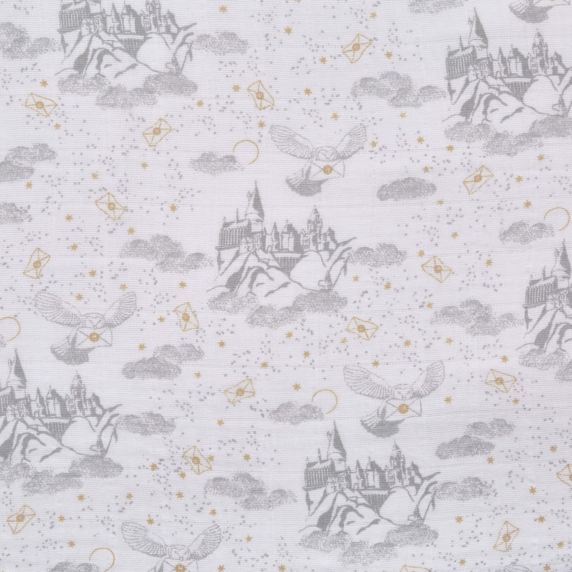 Detailed fabric swatch showing grey Hogwarts™ castle, clouds, and owls carrying letters from the aden + anais Harry Potter™ swaddle collection.