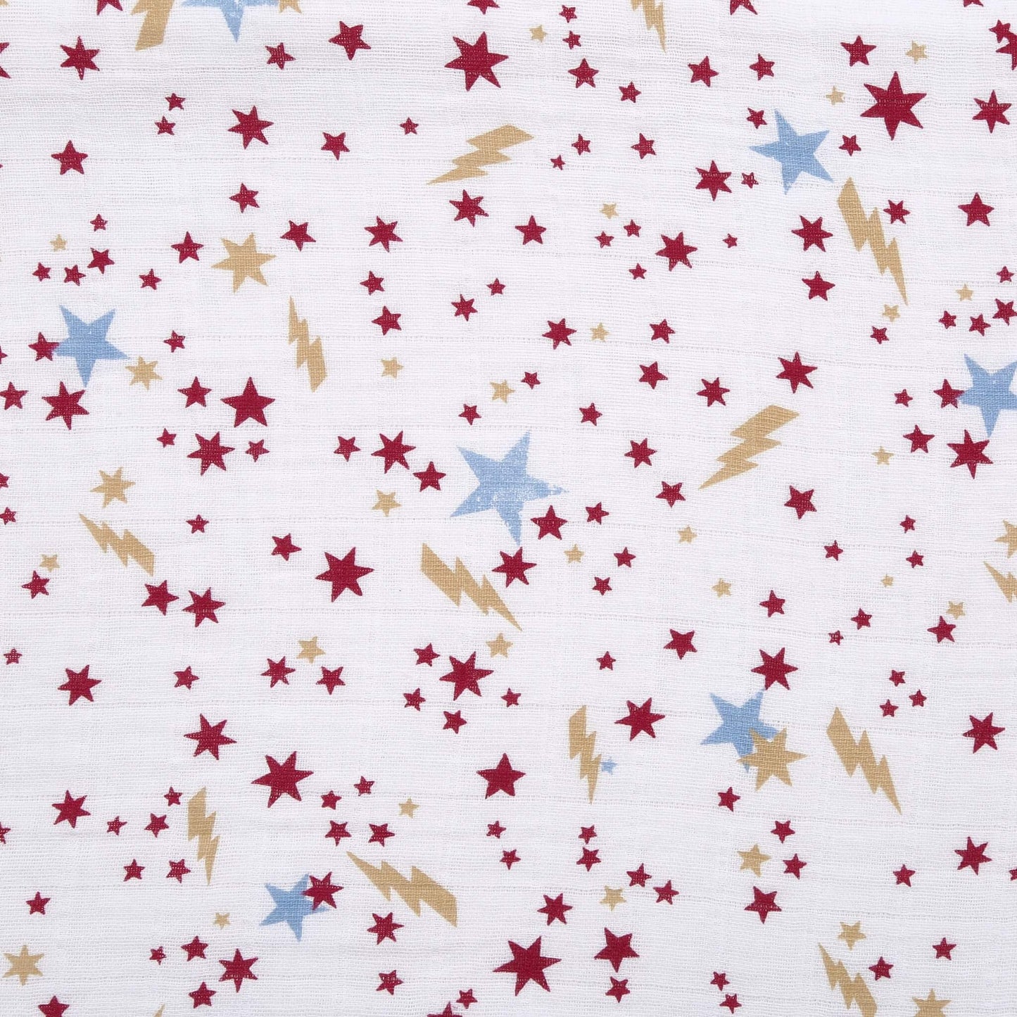 Close-up of aden + anais Harry Potter™ muslin fabric featuring red stars, gold lightning bolts, and blue stars on a white background.