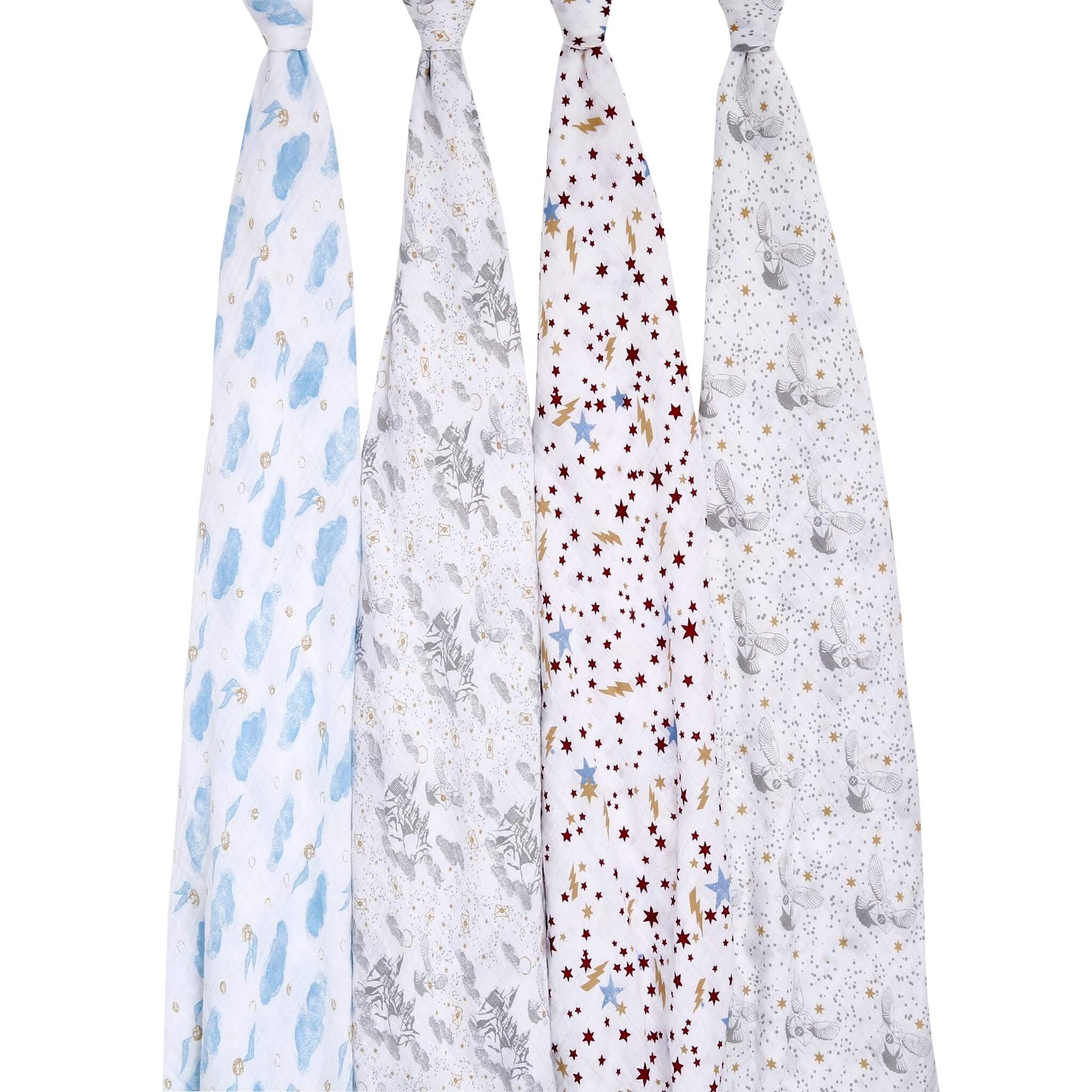 Four aden + anais Harry Potter™ muslin swaddles displayed hanging to show full print detail, including Hogwarts™, stars and magical motifs.
