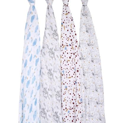 Four aden + anais Harry Potter™ muslin swaddles displayed hanging to show full print detail, including Hogwarts™, stars and magical motifs.