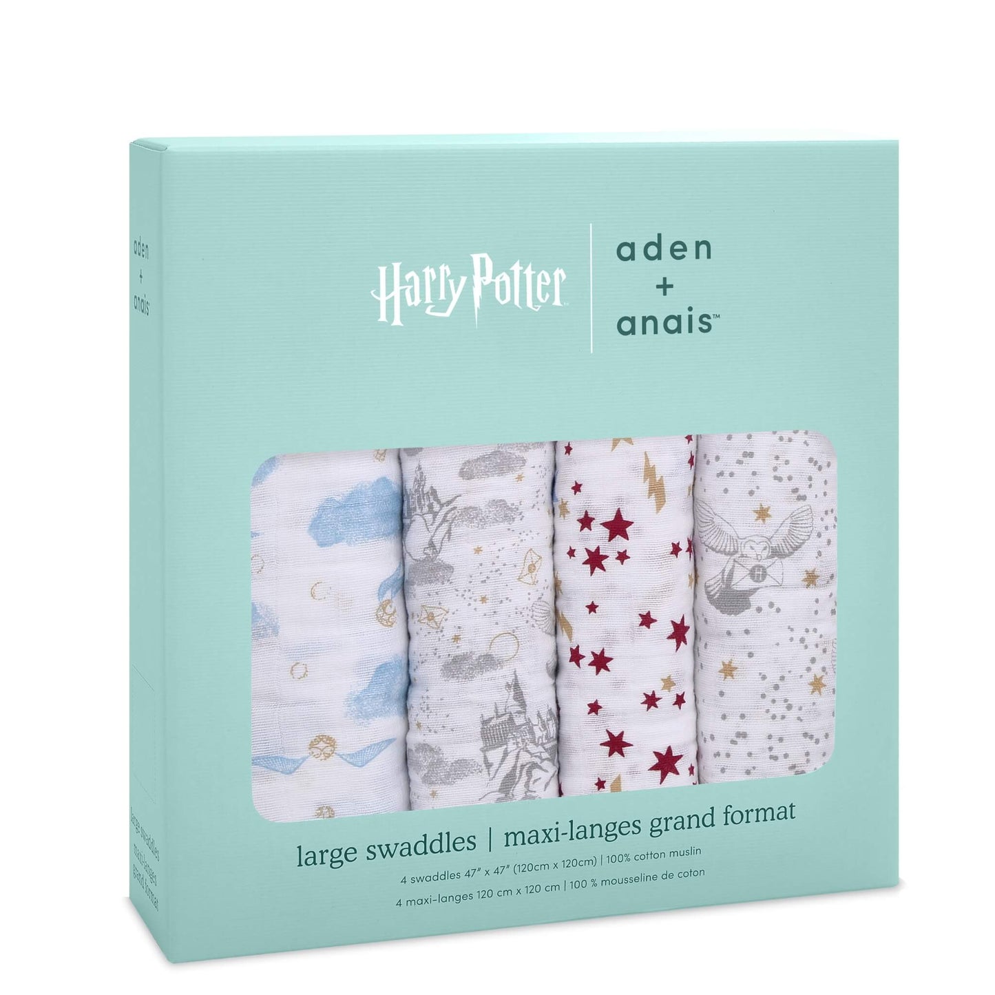 Boxed set of four aden + anais Harry Potter™ Boutique Cotton Muslin Swaddles in signature mint green packaging with themed prints visible.
