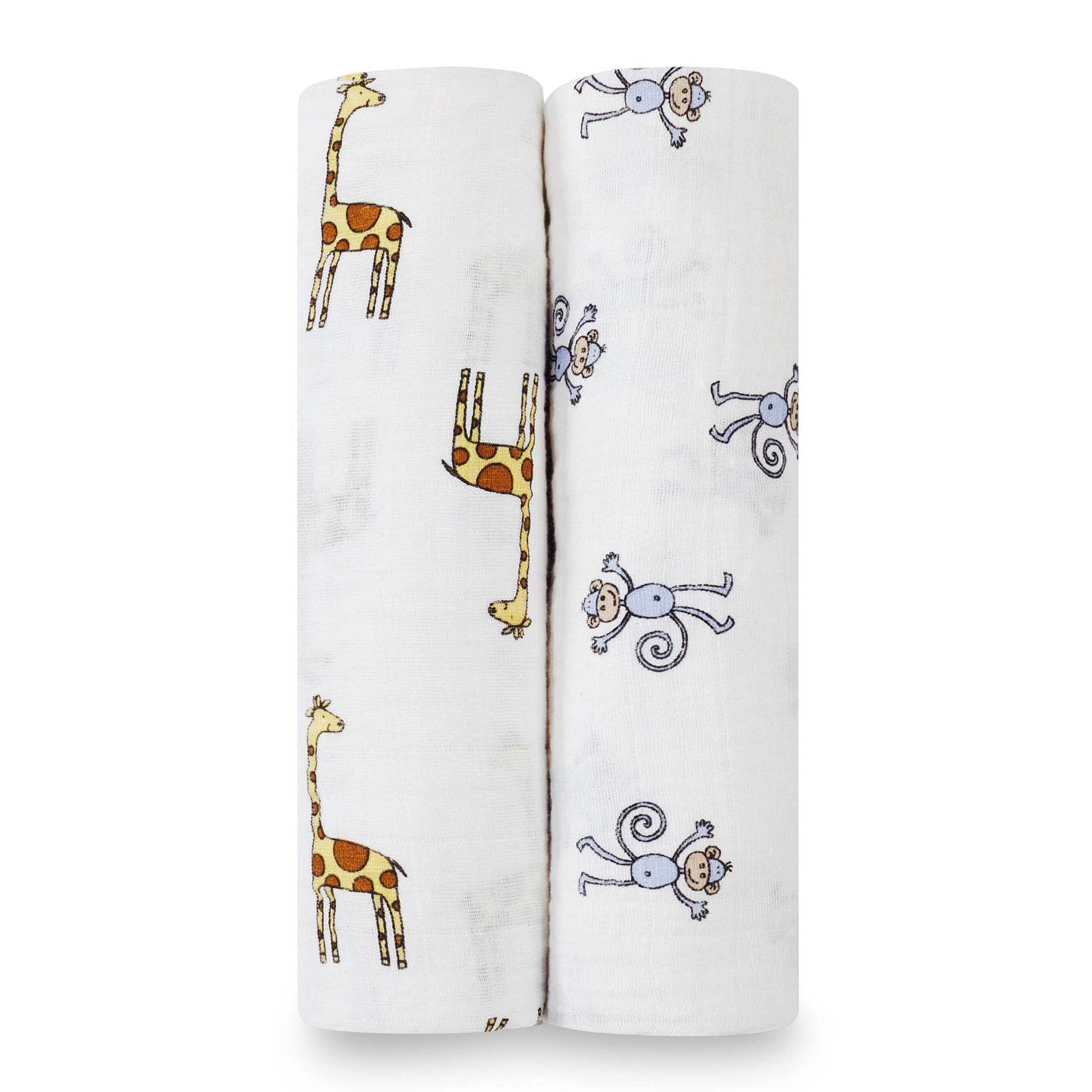 Rolled aden + anais Jungle Jam swaddles featuring cheerful giraffe and monkey prints on soft, breathable cotton muslin.