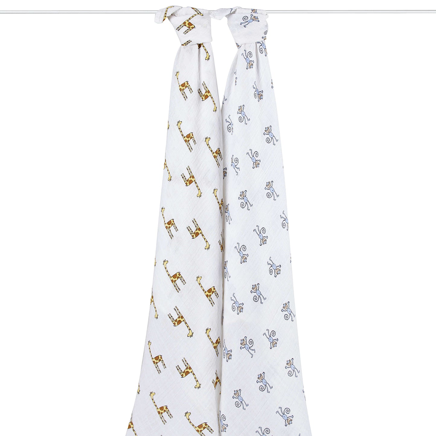 Full view of aden + anais Jungle Jam swaddles in fun giraffe and monkey prints. Lightweight and generously sized for everyday use.