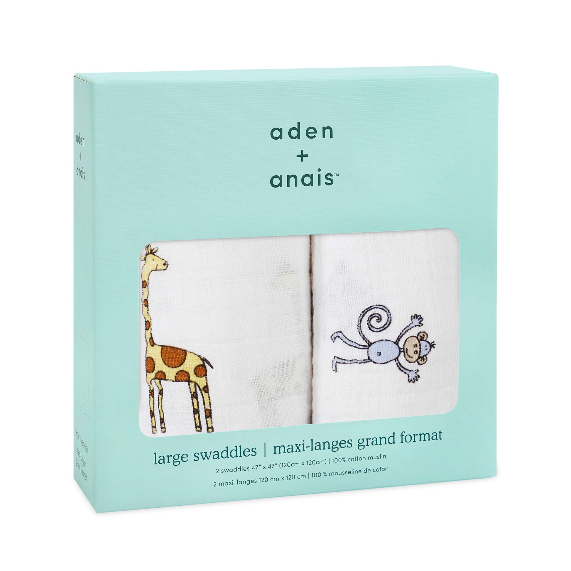 aden + anais Jungle Jam 2-pack swaddles in gift-ready box. Includes breathable muslin blankets with giraffe and monkey prints.