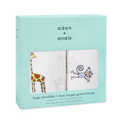 aden + anais Jungle Jam 2-pack swaddles in gift-ready box. Includes breathable muslin blankets with giraffe and monkey prints.