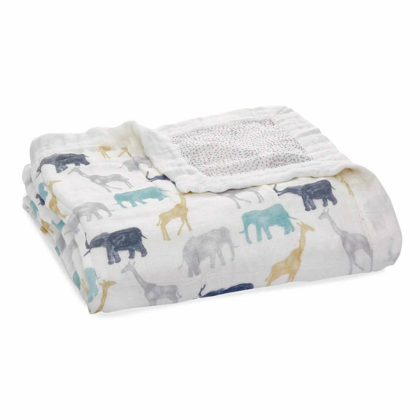 Folded aden + anais Silky Soft Dream Blanket in Expedition print. Features colourful elephants and giraffes on soft white bamboo muslin.