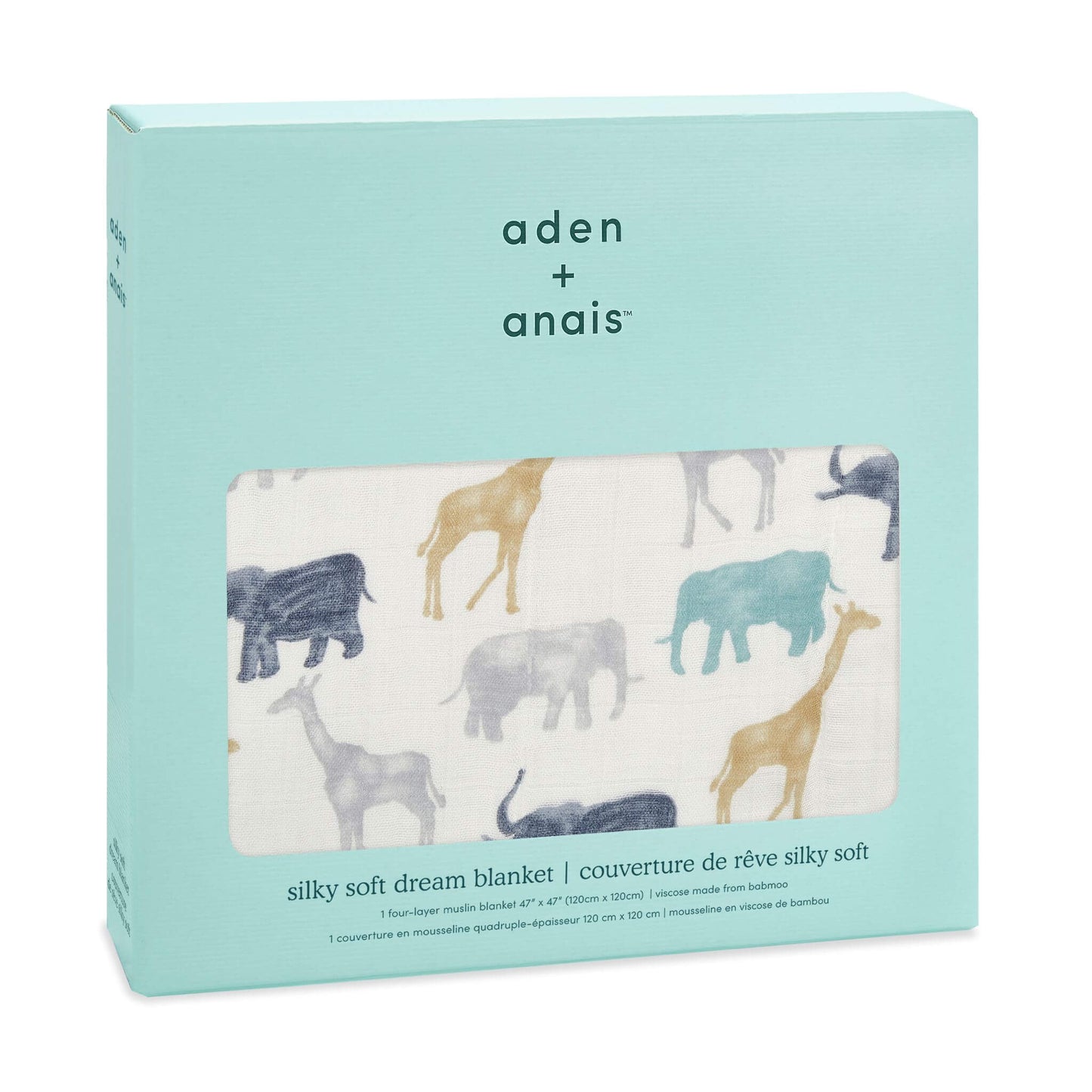 aden + anais Silky Soft Dream Blanket in Expedition print, displayed in branded gift box. Bamboo muslin baby blanket with safari animal design.