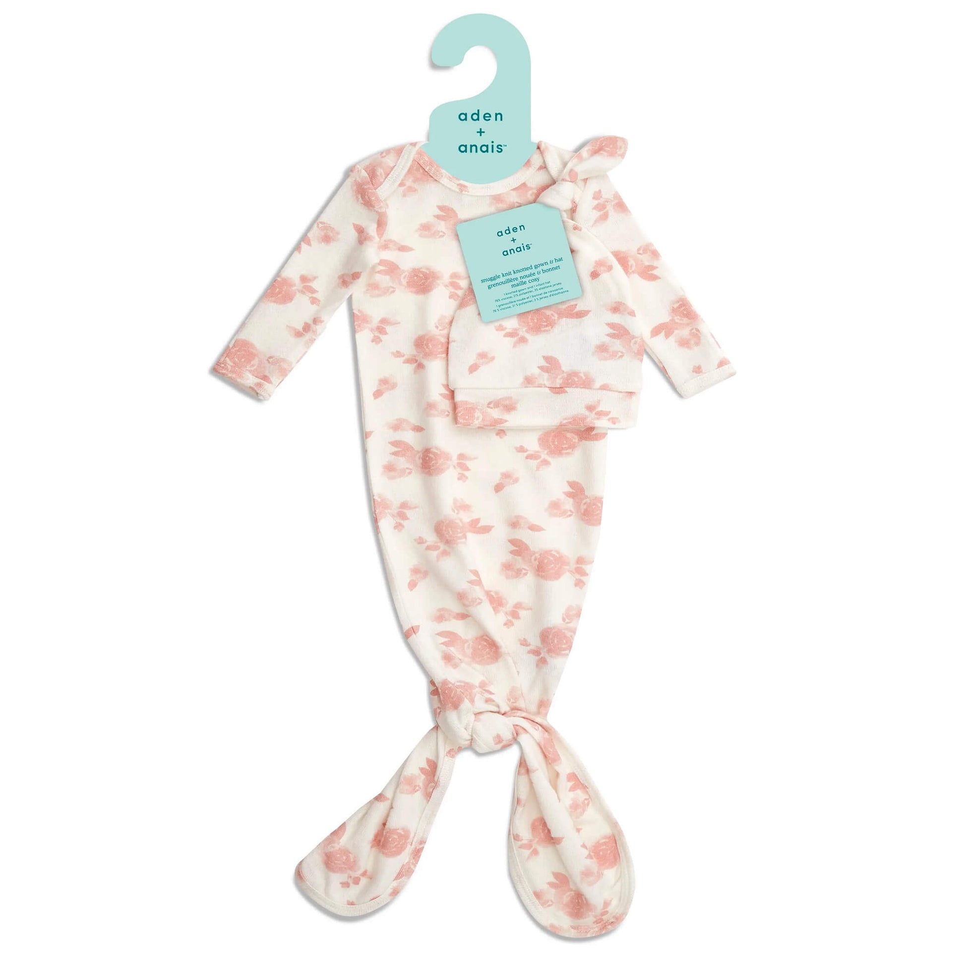 aden + anais Snuggle Knit gown and hat gift set in Rosettes print, displayed with branded hanger and tag.