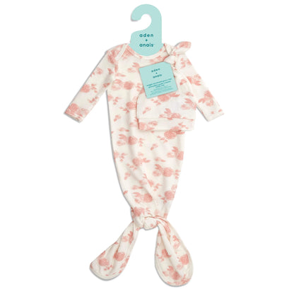 aden + anais Snuggle Knit gown and hat gift set in Rosettes print, displayed with branded hanger and tag.