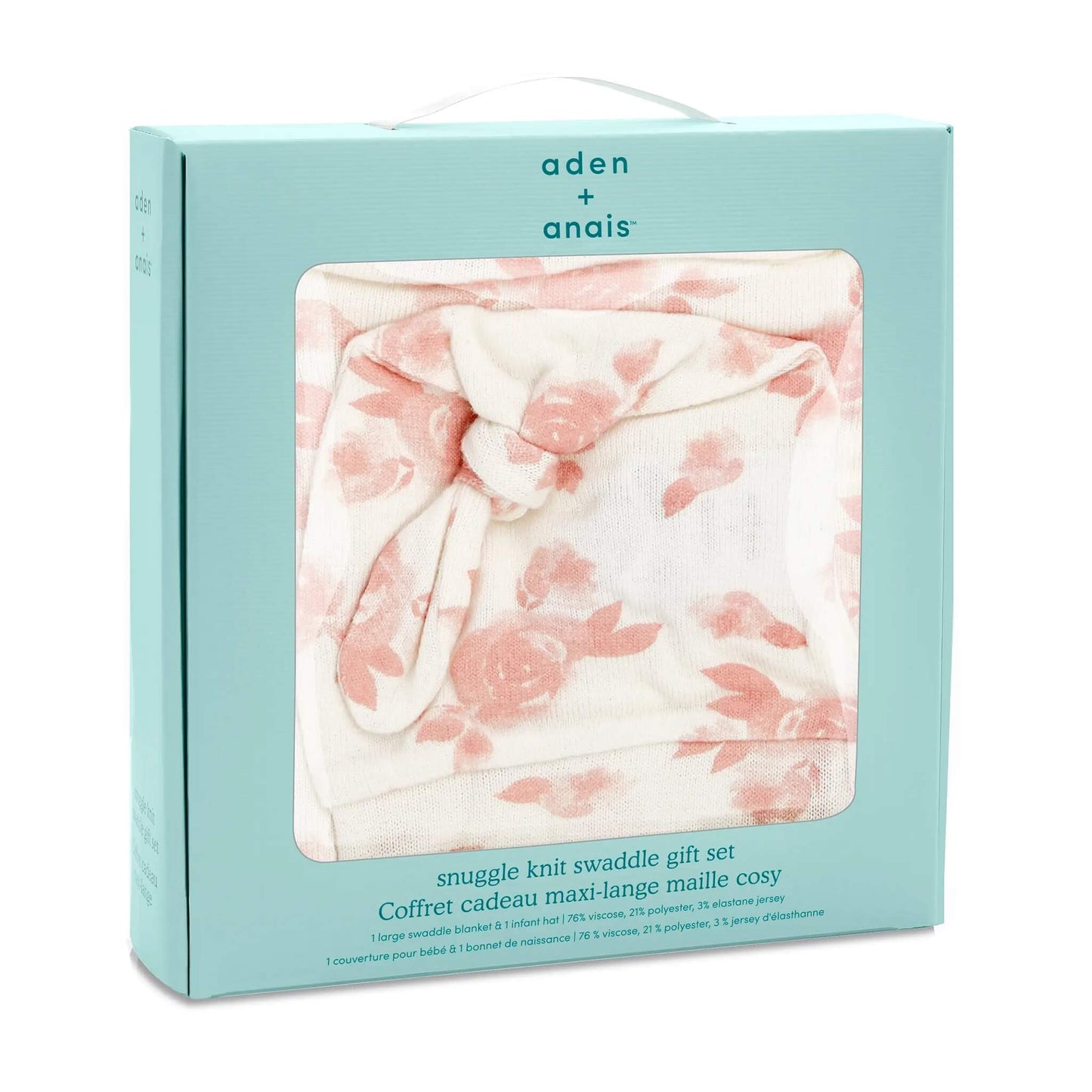 aden + anais Snuggle Knit Gift Set in boxed packaging. Includes matching swaddle and knotted hat in pretty Rosettes floral print.