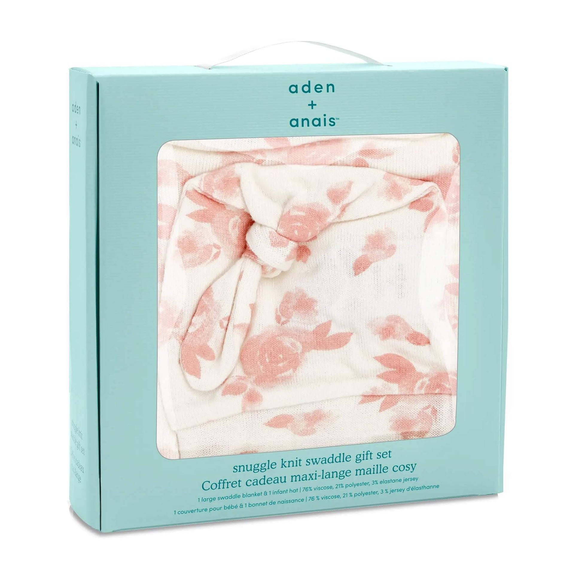 aden + anais Snuggle Knit Gift Set in boxed packaging. Includes matching swaddle and knotted hat in pretty Rosettes floral print.