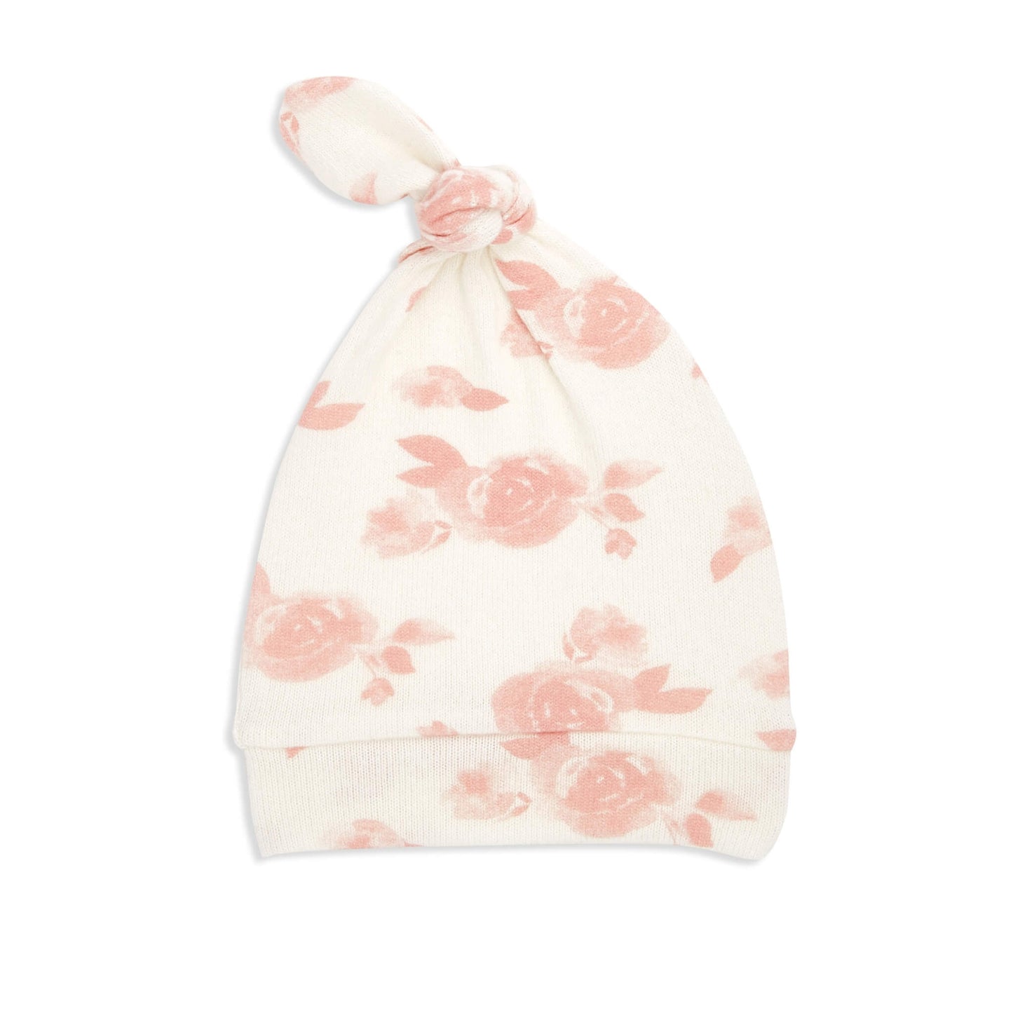 Knotted newborn hat from the aden + anais Rosettes gift set. Made from soft stretch knit in cream with pink rose pattern.