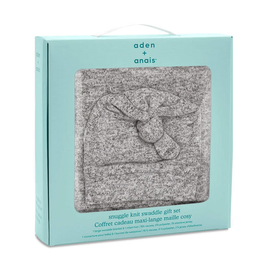 New baby gift box with grey swaddle and knotted baby hat neatly displayed in soft turquoise packaging with window cutout and white carry handle.