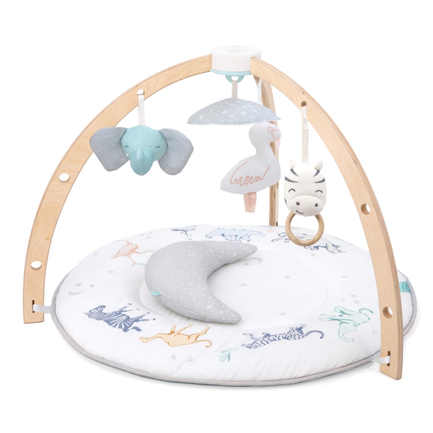 Aden + Anais Rising Star baby activity gym with grey star-print mat, birchwood arches, and sensory toys.