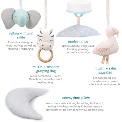 Diagram of aden + anais Rising Star Activity Gym showing labelled features including elephant rattle, zebra teether, muslin mirror, satin flamingo, and moon-shaped tummy time pillow.
