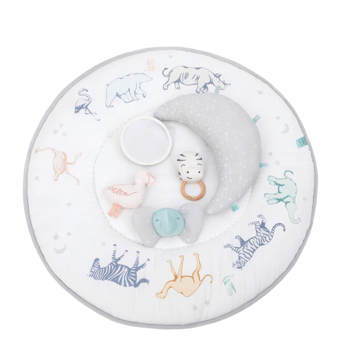 Flat lay of the Aden + Anais Rising Star play mat showing detachable toys and moon tummy time pillow.
