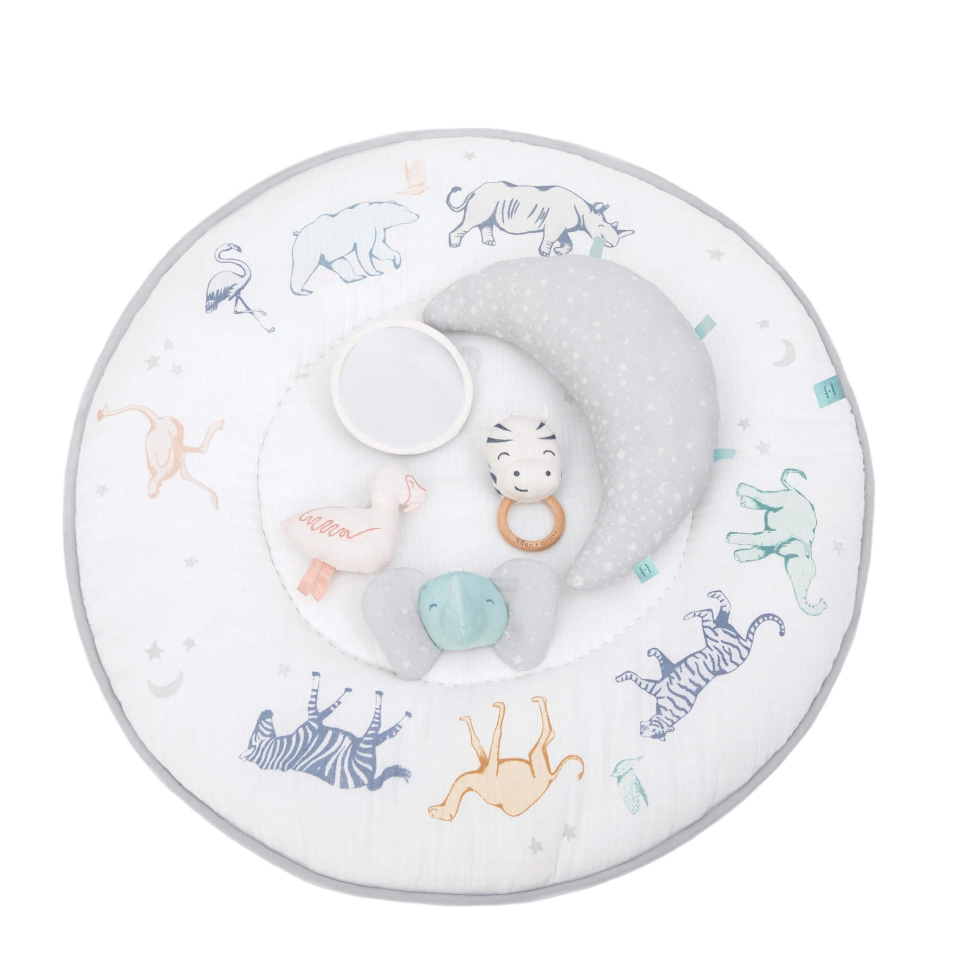 Flat lay of the Aden + Anais Rising Star play mat showing detachable toys and moon tummy time pillow.