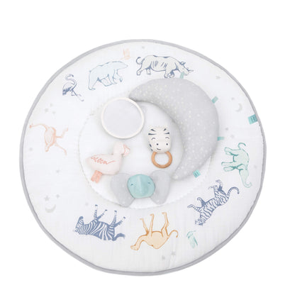 Flat lay of the Aden + Anais Rising Star play mat showing detachable toys and moon tummy time pillow.