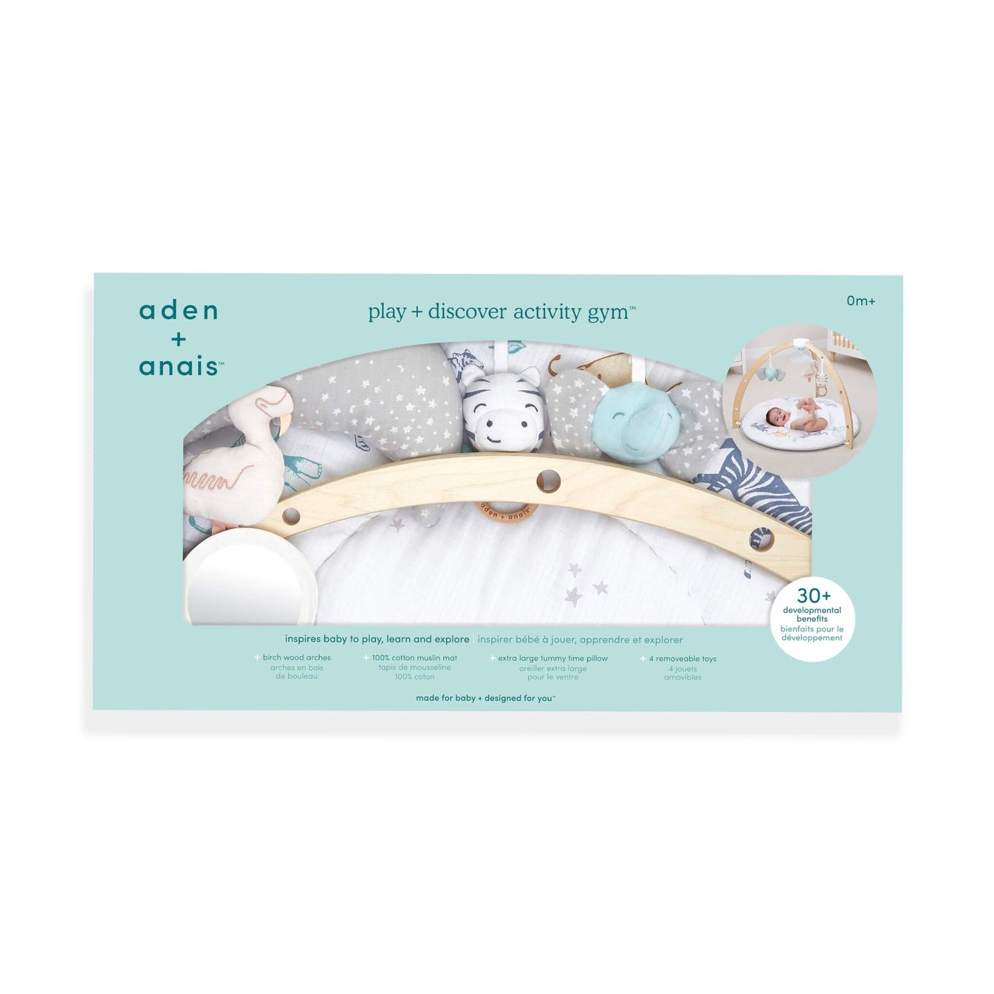 Boxed Aden + Anais Rising Star Play + Discover Activity Gym with product window and brand details.
