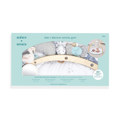 Boxed Aden + Anais Rising Star Play + Discover Activity Gym with product window and brand details.