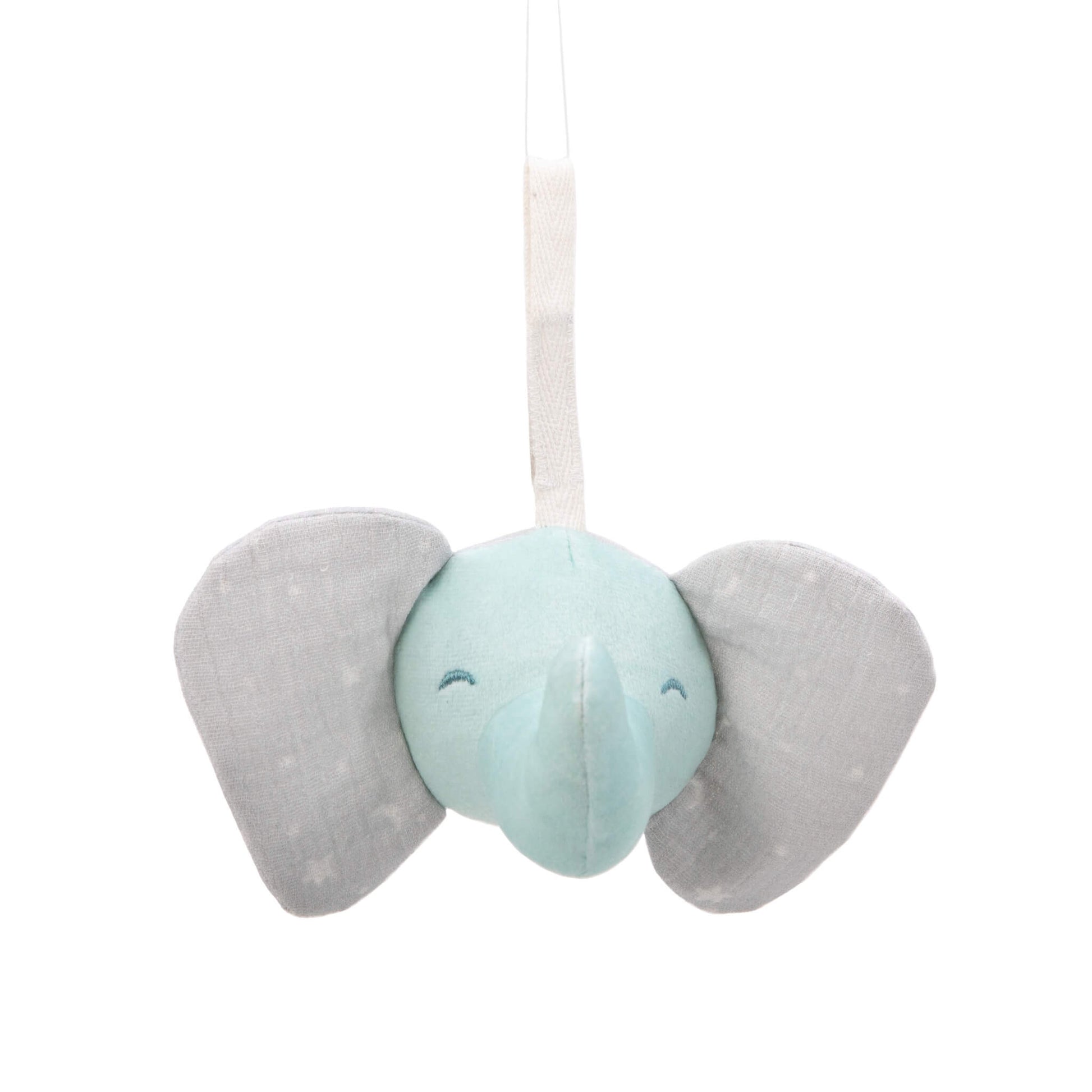 Soft grey and aqua elephant plush toy from the Aden + Anais Rising Star Activity Gym.
