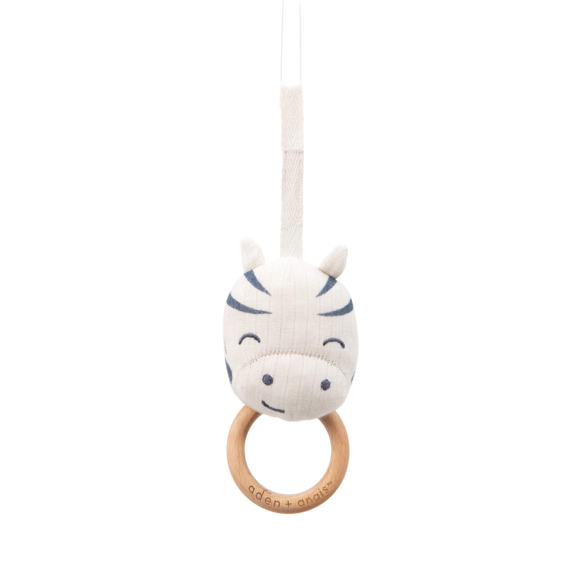 Cream zebra toy with wooden teething ring from the Aden + Anais Rising Star gym.