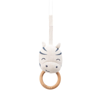 Cream zebra toy with wooden teething ring from the Aden + Anais Rising Star gym.