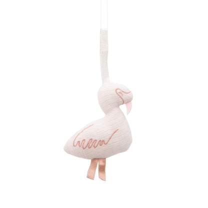 Soft white flamingo toy with pink embroidery and ribbons from Aden + Anais Rising Star.