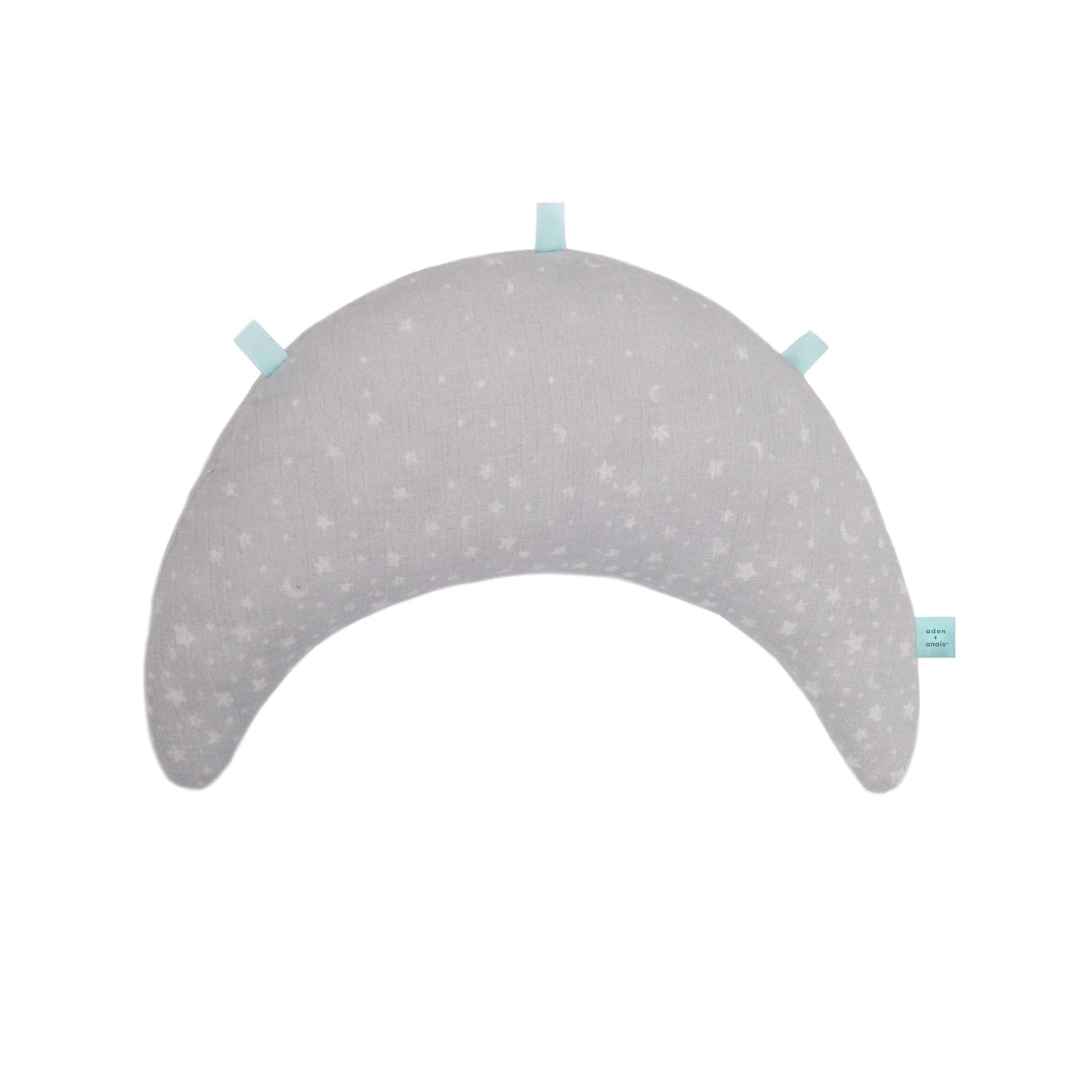 Star-patterned grey crescent moon tummy time pillow from the Aden + Anais Rising Star gym.
