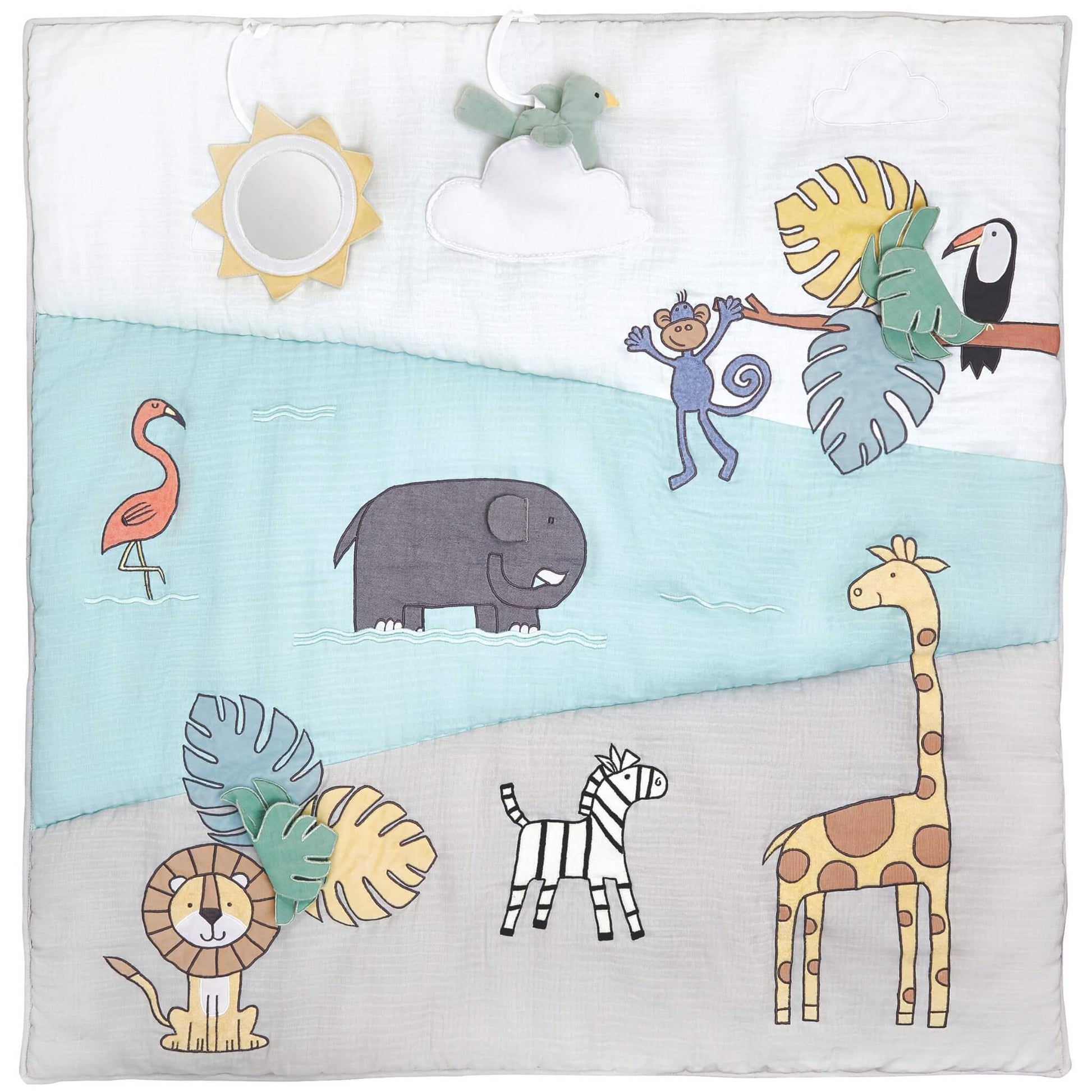 Aden + anais baby bonding playmat with Jungle Jam print featuring sensory animals, mirror sun, plush bird, and crinkle leaf for tummy time and development.