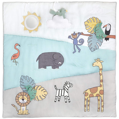 Aden + anais baby bonding playmat with Jungle Jam print featuring sensory animals, mirror sun, plush bird, and crinkle leaf for tummy time and development.