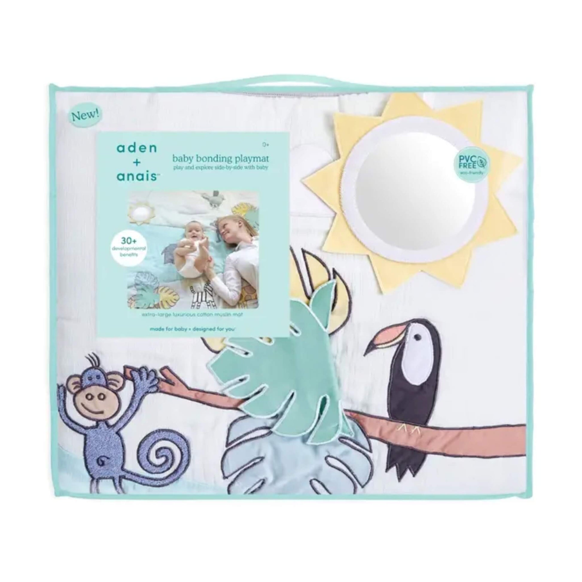 Retail packaging of the aden + anais baby bonding playmat highlighting mirror, plush toy, and developmental benefits on a printed display card.
