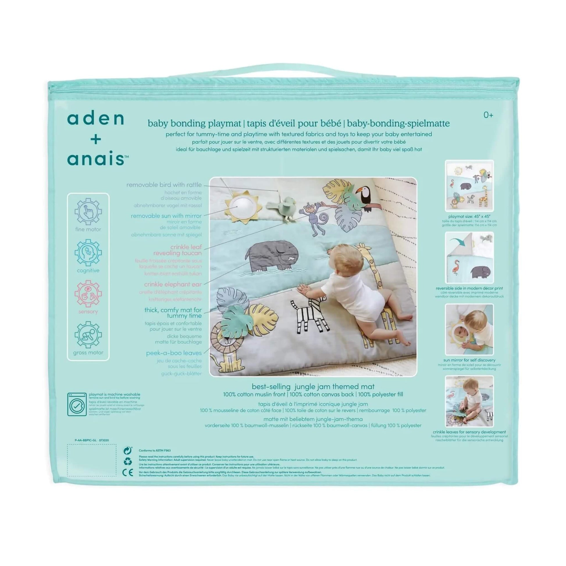 Back of the aden + anais baby bonding playmat packaging showing product features including mirror, crinkle leaf, and benefits for sensory and motor development.