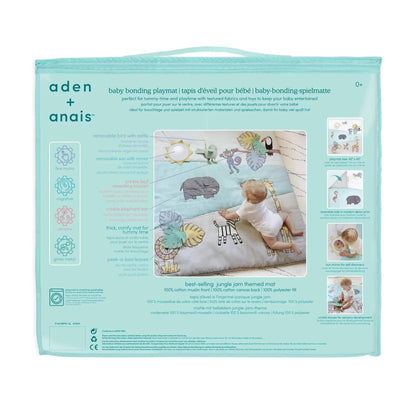 Back of the aden + anais baby bonding playmat packaging showing product features including mirror, crinkle leaf, and benefits for sensory and motor development.
