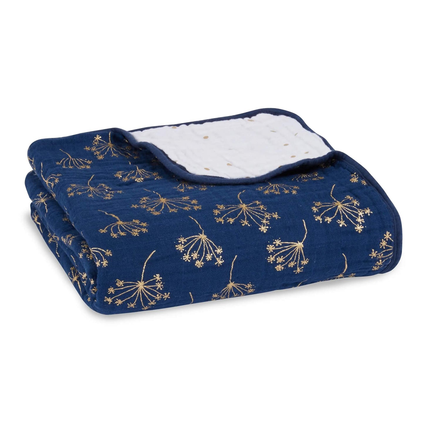 aden + anais Dream Blanket in soft cotton muslin, featuring a navy blue base with a shimmering gold deco floral print and a white reverse layer.