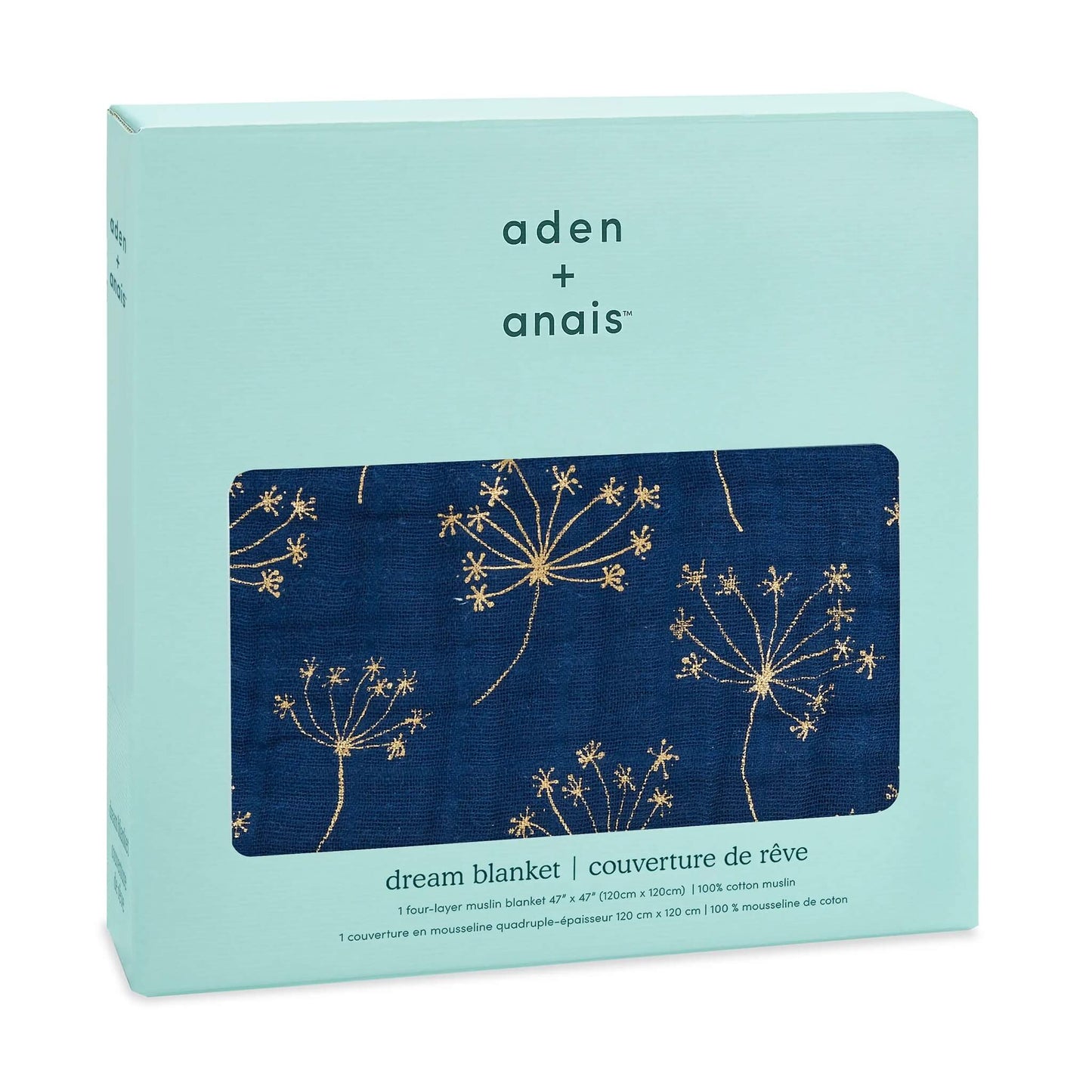 Boxed aden + anais cotton muslin Dream Blanket with metallic gold floral print on deep navy blue, shown in signature turquoise packaging.