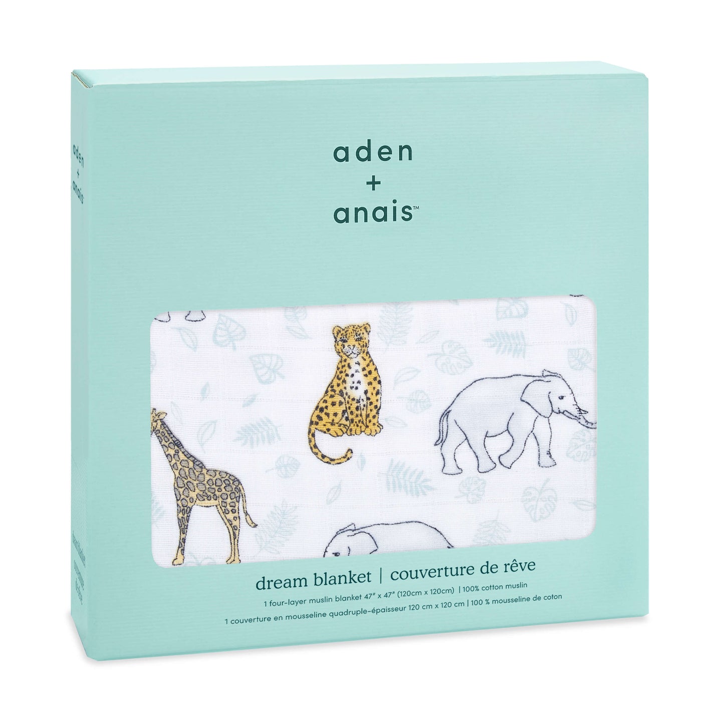 Boxed aden + anais Dream Blanket in 100% cotton muslin, shown with a jungle print featuring cheetahs, elephants, and giraffes on a white background.
