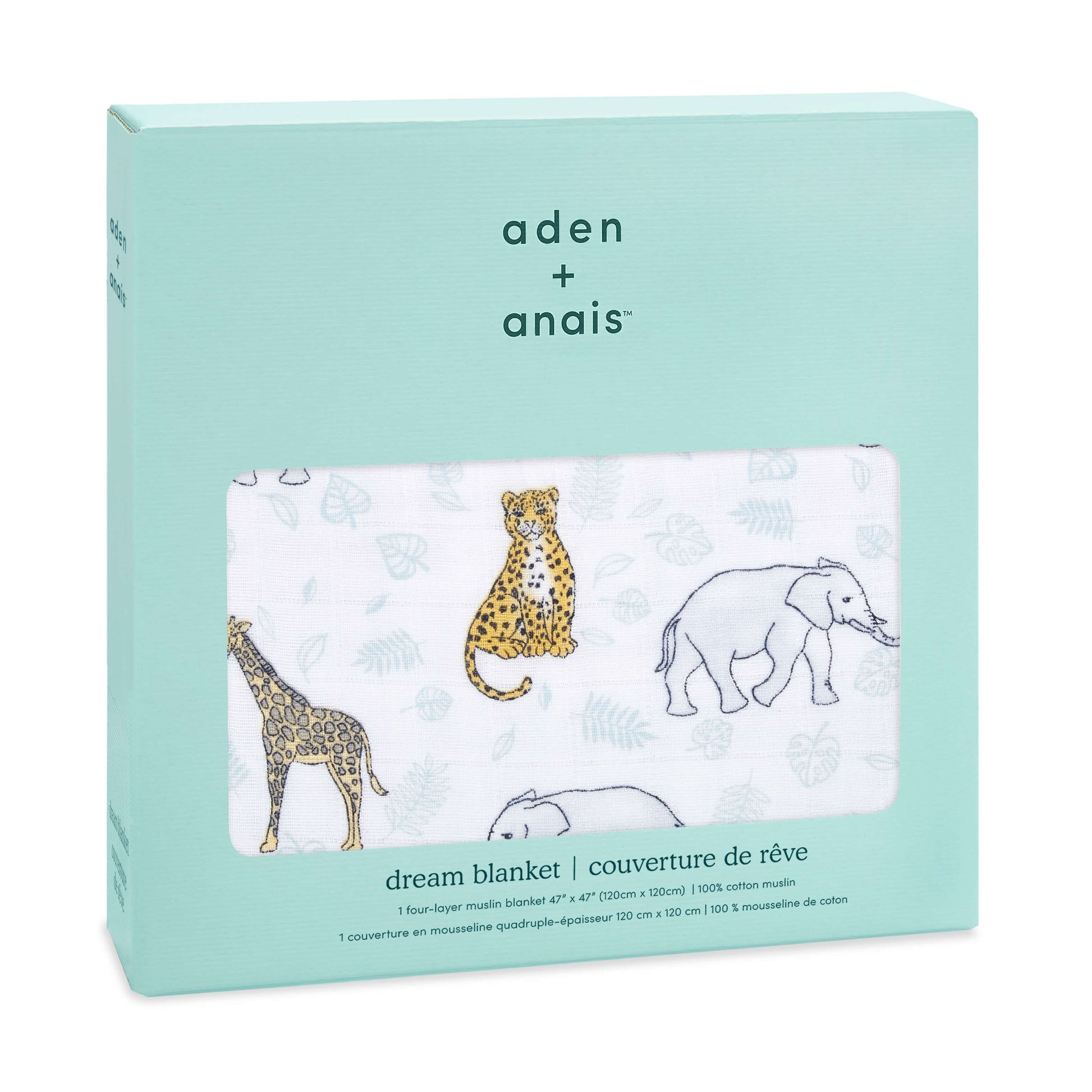 Boxed aden + anais Dream Blanket in 100% cotton muslin, shown with a jungle print featuring cheetahs, elephants, and giraffes on a white background.