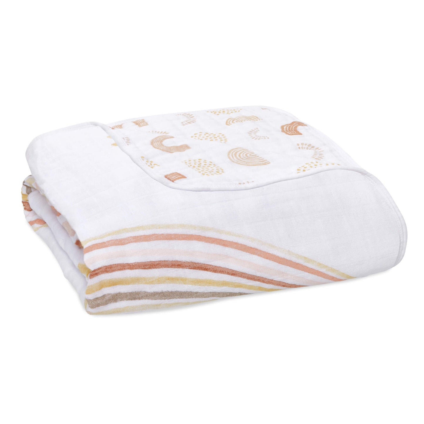aden + anais Dream Blanket made from soft cotton muslin, featuring an earthy rainbow and sunshine print in warm neutral tones.