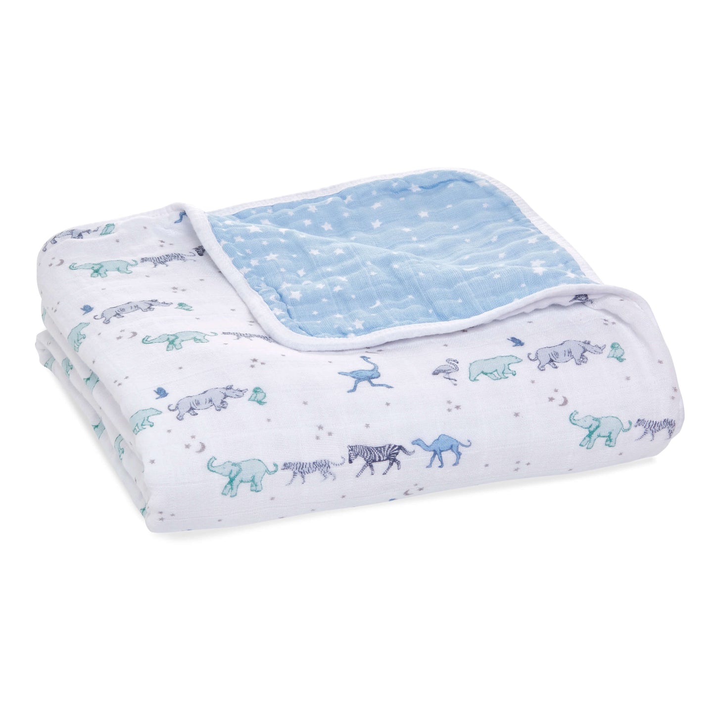 aden + anais Dream Blanket in soft cotton muslin, featuring a blue and white safari animal print with stars on one side and a soft starry blue reverse.