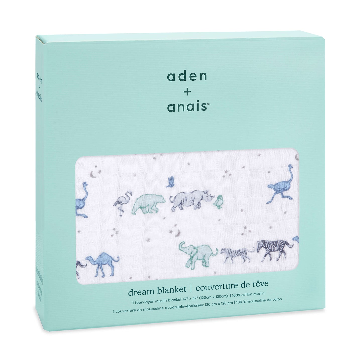 Boxed aden + anais cotton muslin Dream Blanket with a blue safari animal print, shown through packaging window in signature turquoise box.
