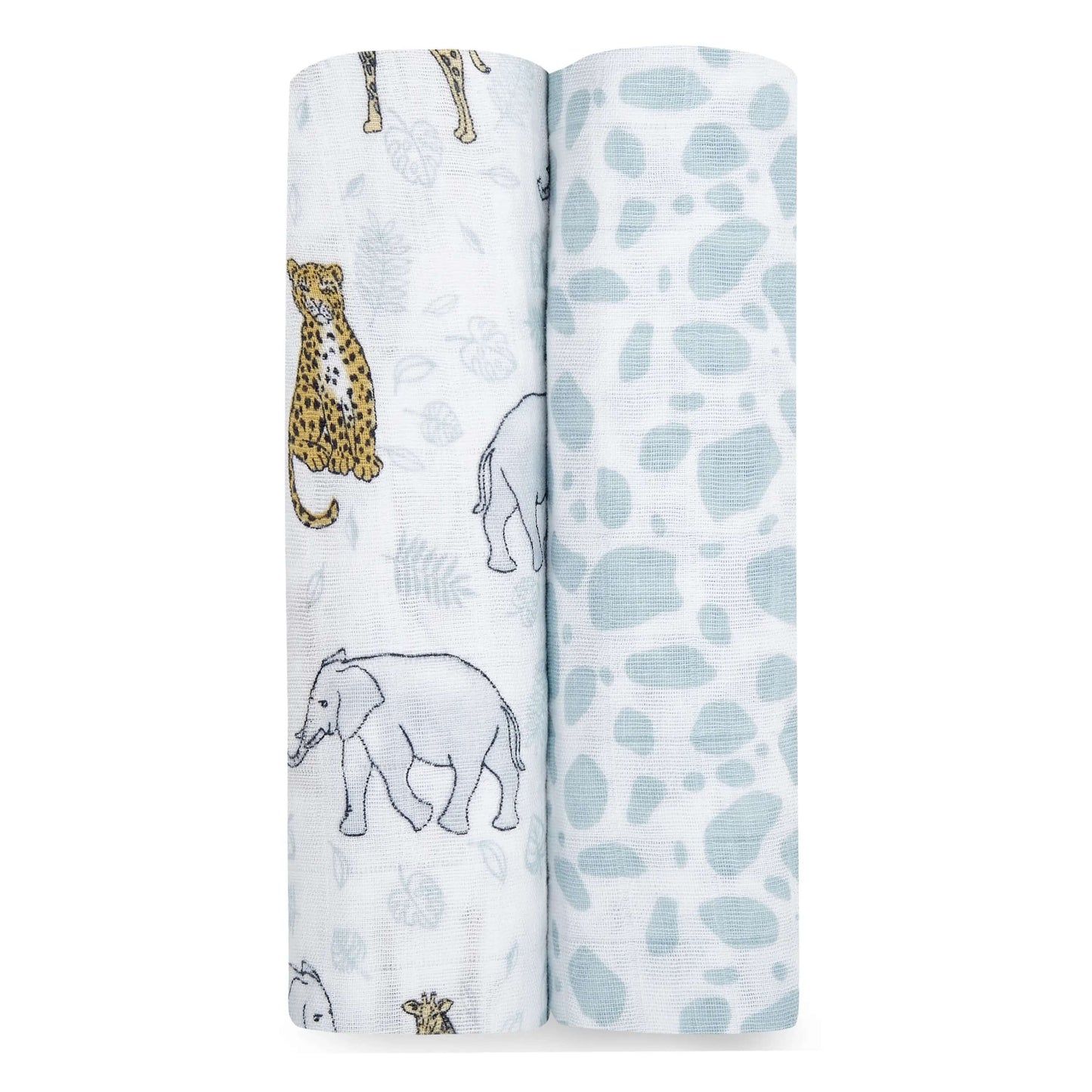 Rolled aden + anais Jungle swaddles in safari animal and blue spot prints. Soft, breathable cotton muslin for everyday use.