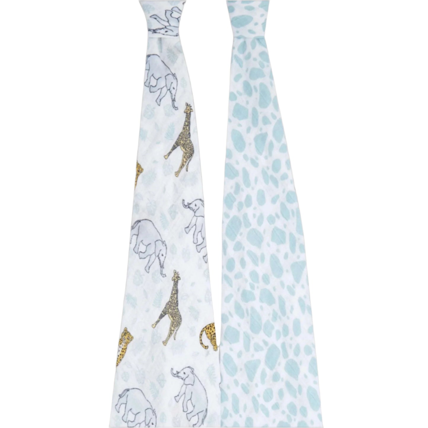 Full-length view of aden + anais Jungle swaddle duo, showing animal and abstract prints on lightweight cotton muslin.