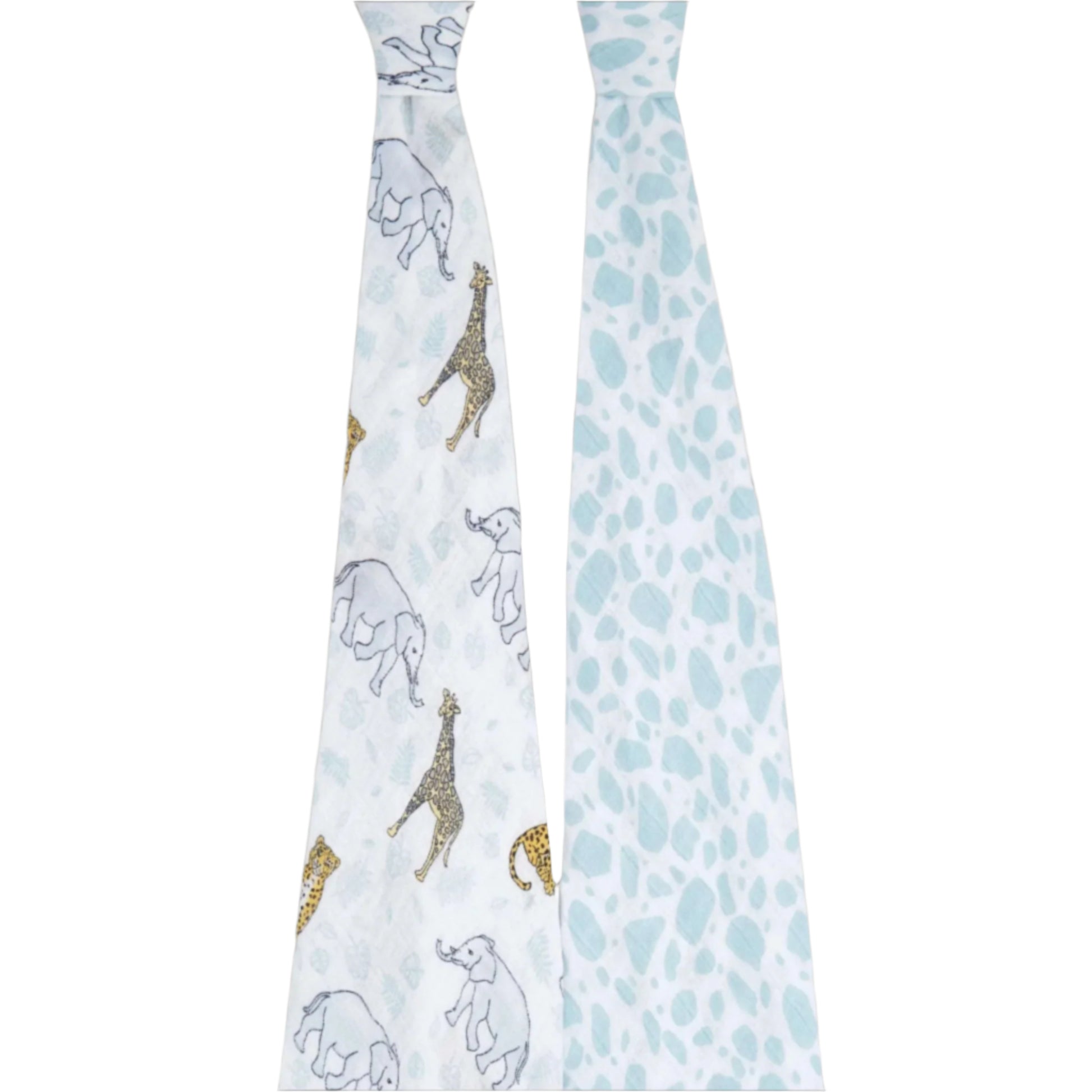 Full-length view of aden + anais Jungle swaddle duo, showing animal and abstract prints on lightweight cotton muslin.