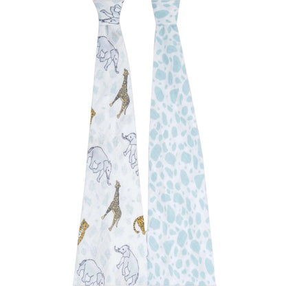 Full-length view of aden + anais Jungle swaddle duo, showing animal and abstract prints on lightweight cotton muslin.