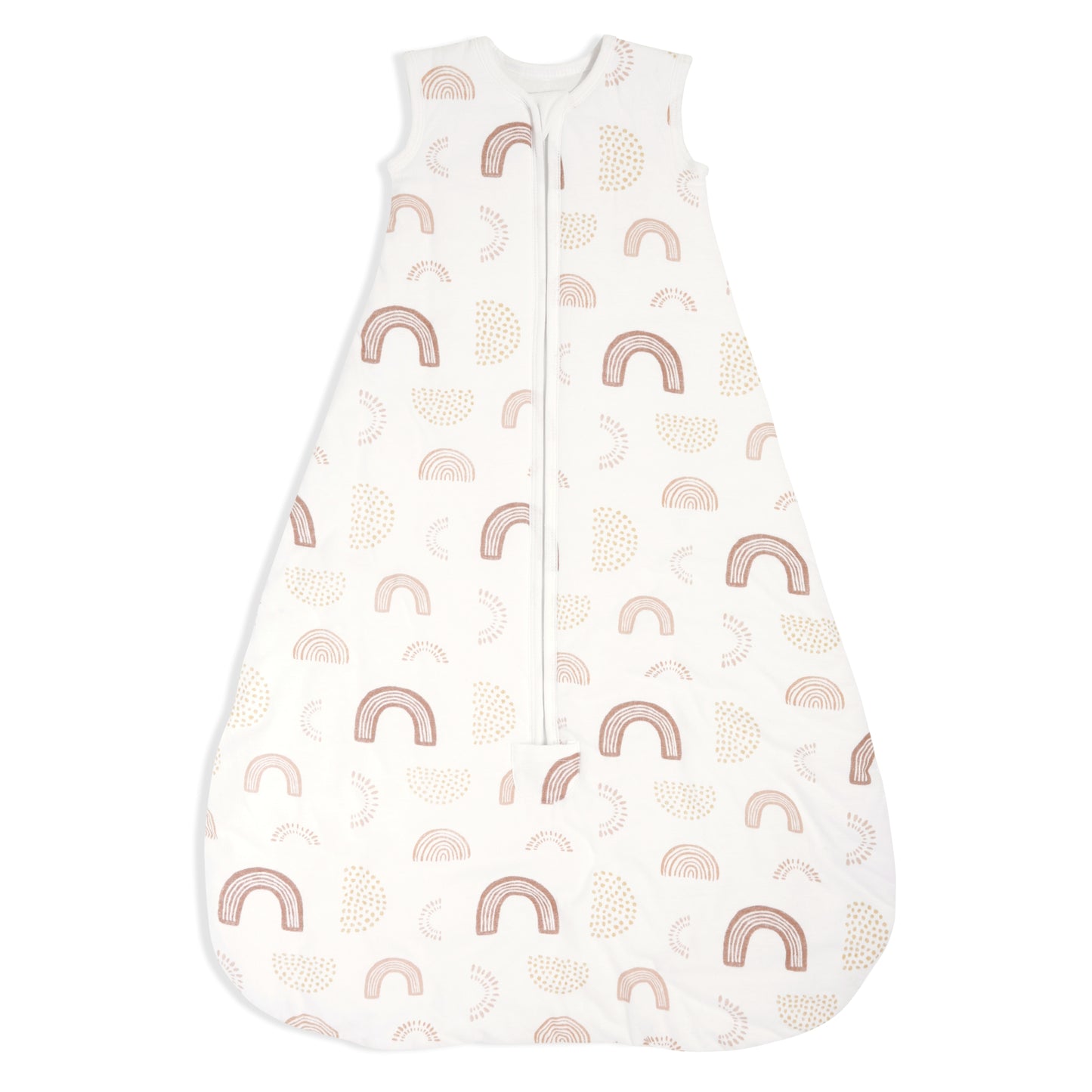 Flat lay of aden + anais winter sleeping bag in Keep Rising print. 2.5 TOG baby sleep sack with cotton shell and rainbow pattern.