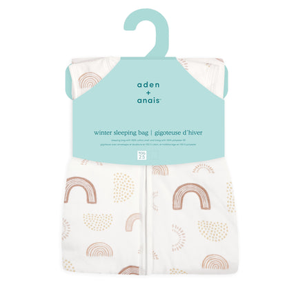 aden + anais winter sleeping bag in Keep Rising print, 2.5 TOG. Packaged in mint green branded hanger box with cotton outer and breathable warmth.