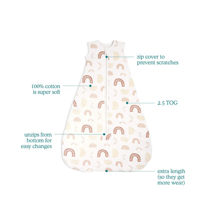 aden + anais 2.5 TOG winter sleeping bag in Keep Rising rainbow print, showing soft cotton fabric, bottom zip, extra length, and scratch-preventing zip cover.