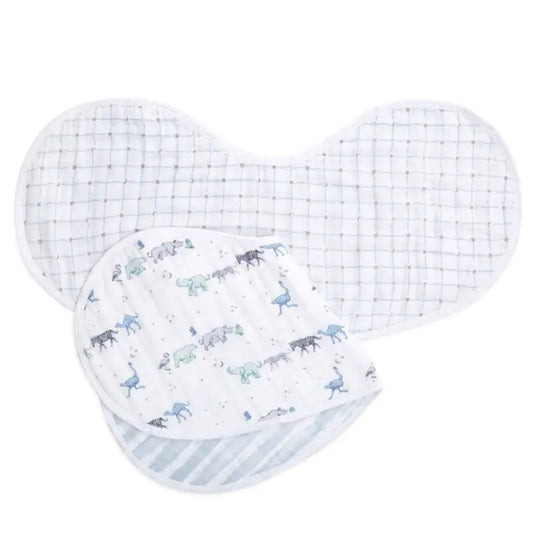 aden + anais Burpy Bib 2-Pack laid flat to show both designs, one with blue animal print and one with soft grid stars.